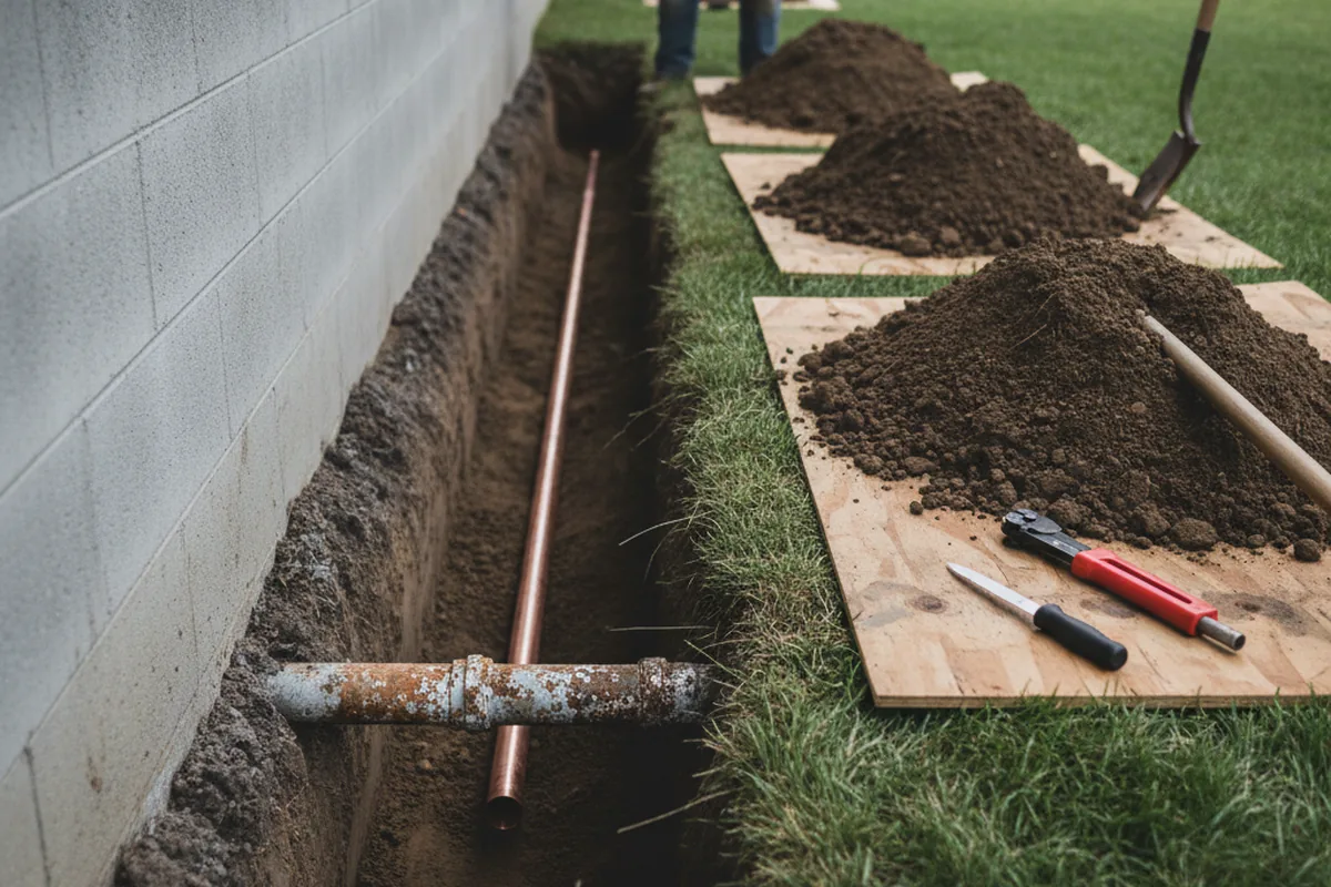 Excavated water line trench during Water Softener Installation in Mereta